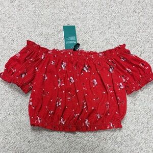 NWT H&M Red Floral Cropped Peasant Short-Sleeve Top Size Small